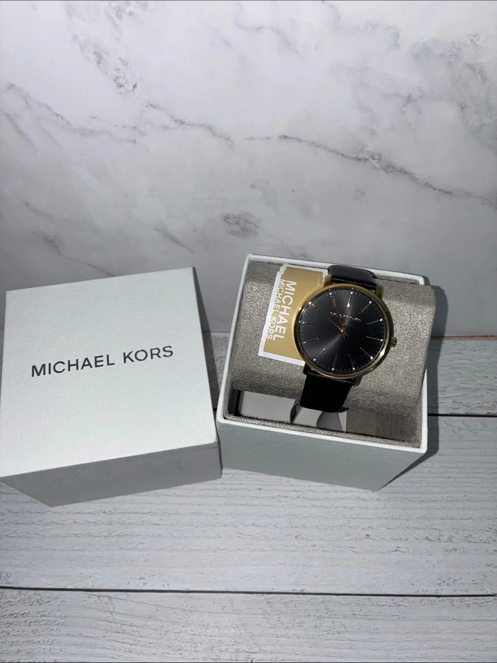 Michael Kors Black Dial Watch with Gold-Tone Case and Black Leather Strap